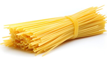 A bundle of uncooked spaghetti pasta tied with a rubber band is displayed on a white background.