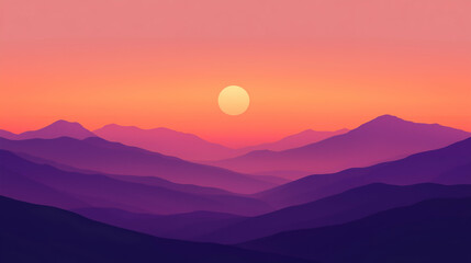 Beautiful gradient sky with sun setting behind layered hills – abstract mountain sunset illustration
