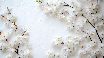 Delicate white cherry blossom arrangement pure white background floral art tranquil environment aerial view
