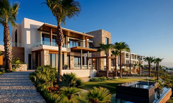 Modern villa on a coastal bluff under a clear sky, with tropical plants and a tranquil ocean view