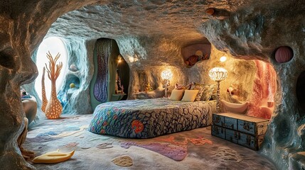 A whimsical underwater cave-themed room with sculptural rock-like walls