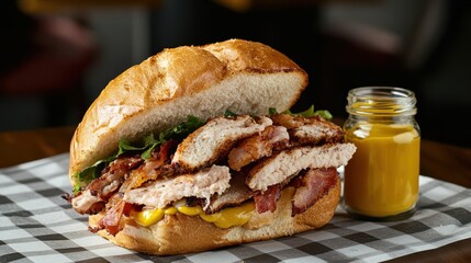 Delicious Meat and Cheese Sandwich Served on a Wooden Table Setting