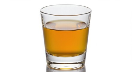 A shot glass filled with a golden liquid on white surface