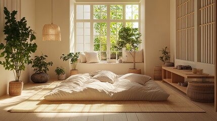 A zen-inspired kids' room with a bamboo floor pattern