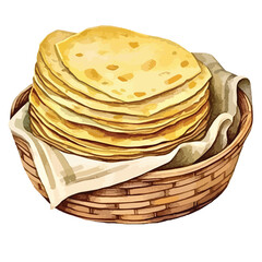 A basket of freshly baked tortillas cute watercolors illustration on white background