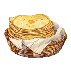 A basket of freshly baked tortillas cute watercolors illustration on white background