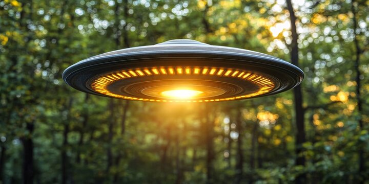 ufo hovering in forest during sunset with glowing lights in a mystical landscape