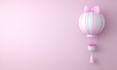 Charming Pink Hot Air Balloon Decorated with a Bow, Perfect for Children's Room or Baby Shower, Soft Pastel Background in Delightful Shades