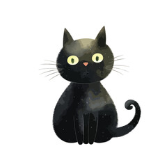 A black cat with glowing eyes cute watercolors illustration on white background
