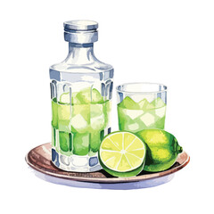 A bottle of tequila with shot glasses cute watercolors illustration on white background