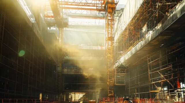 A large, empty building with a yellow crane in the middle. The crane is positioned in the center of the building, and it is in the process of being dismantled or repaired