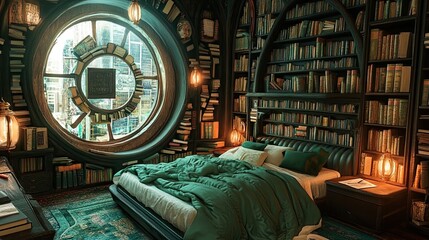 An enchanted library-inspired room with walls lined with oversized illustrated books