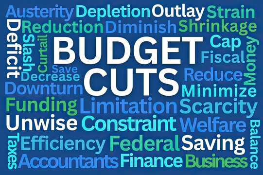 Budget Cuts Word Cloud on Blue Background
