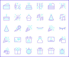Birthday And party Icon Set. Vector collection of celebration, event, cake, Firecracker, invitation, letter, gift, festival, mirror ball and elements symbols or logo element.