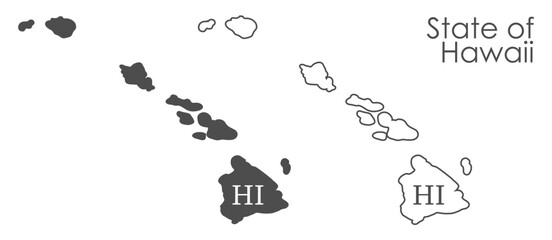 Naklejka premium Hawaii. The outline and silhouette of the state with the abbreviated abbreviation of the name. The state border. A template for the design of printed products