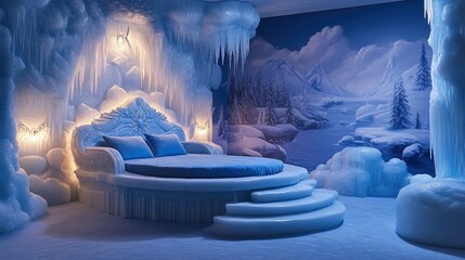 An icy palace-themed kidsa?? room featuring a throne-like bed with icy blue cushions