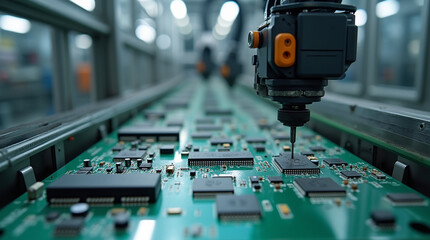 Advanced High Precision Robot Arms on Fully Automated PCB Assembly Line Inside Modern Electronics Factory. Electronic Devices Production Industry.