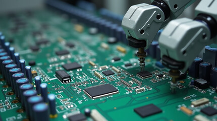 Advanced High Precision Robot Arms on Fully Automated PCB Assembly Line Inside Modern Electronics Factory. Electronic Devices Production Industry.