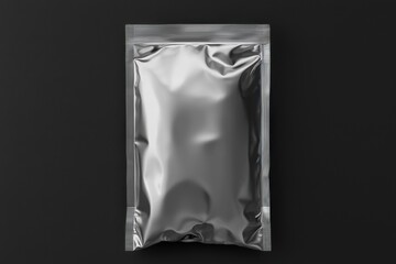 A plain silver foil pouch stands against a black background in a minimalist layout. This image suits packaging design, product mockups, and food or supplement branding.