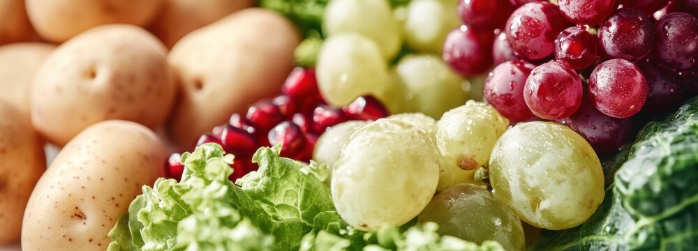 A vibrant display of freshly harvested organic fruits and vegetables showcases an abundance of colors and textures, including grapes, potatoes, and leafy greens at a local farm - Powered by Adobe