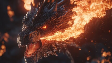 A fierce black dragon with glowing orange eyes and fiery breath stands on a rugged