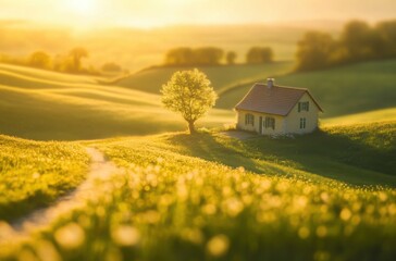 A quaint small home embraced by green rolling meadows