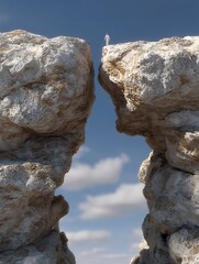 A person standing between two large rocks with a gap in the middle.