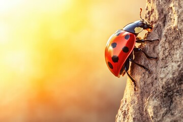 A ladybug climbs a tree trunk in warm sunlight.