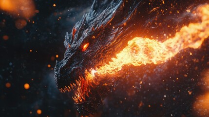 A fierce black dragon with glowing orange eyes and fiery breath stands on a rugged