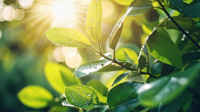 Morning sunlight through dewy leaves in lush green nature