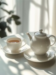 Elegant ceramic teapot and cup set on a bright white table, pastel tones