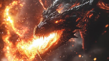 A fierce black dragon with glowing orange eyes and fiery breath stands on a rugged