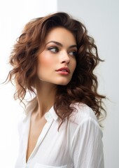 Fototapeta premium Brown Short Curly Hair Woman White Shirt Looking Away Portrait