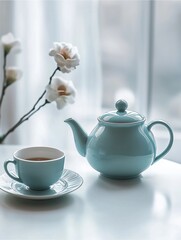 Elegant ceramic teapot and cup set on a bright white table, pastel tones