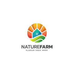 Colorful Sunrise Farm Logo with Eco House and Green Landscape