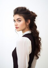 Fototapeta premium Brunette Ponytail Woman Black White Outfit Looking Back Portrait