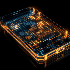 Obraz premium A see-through mobile device showcasing a glowing circuit framework, with circuits illuminating to emulate real-time data exchange and high-tech operational flow.