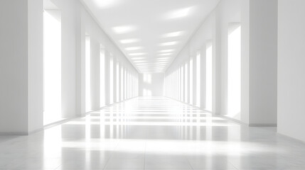 Fototapeta premium Illuminated hallway perspective modern architecture minimalist design bright environment wide viewpoint