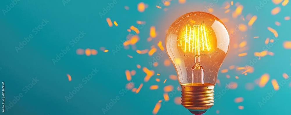 Poster explosion of lightbulb with creative invention impact concept. illuminated light bulb with sparks on