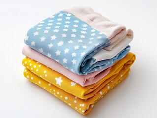 Folded cotton baby clothes on a white seamless background