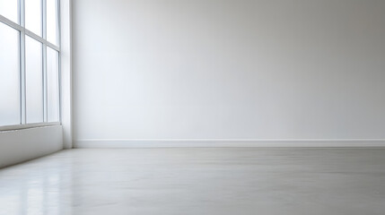 Minimalist interior design modern studio pure white background bright atmosphere wide angle view