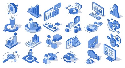 Naklejka premium Isometric Pixel Art Icons Set Data Analysis Business Charts Graphs