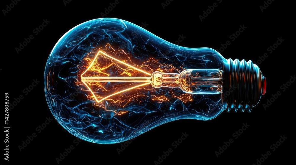 Poster Explosion of lightbulb showing filament and invention concept. Illuminating light bulb glowing with electric energy in darkness.