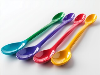 Measuring spoons in rainbow colors, laid out flat, photorealistic plastic texture 