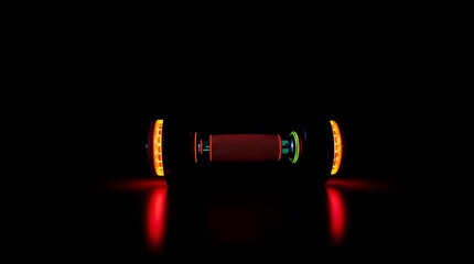 Illuminated cylindrical object with orange and green glowing elements