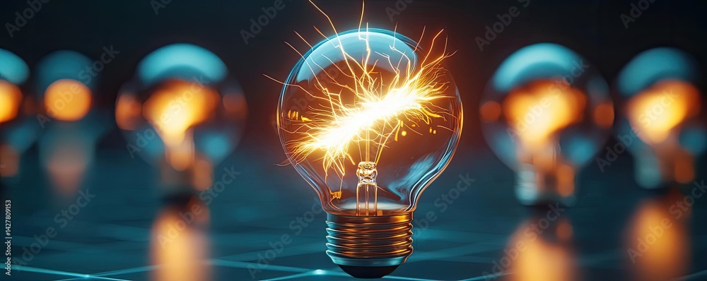 Poster explosion of lightbulb in electric high-speed burst concept. a glowing light bulb symbolizing innova
