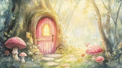 an image of the entrance to a forest with mushrooms and a door leading to a, magic doorway, magical portal gateway