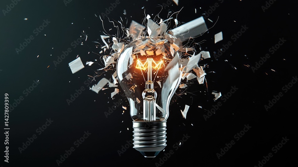 Poster Explosion of lightbulb in electric high-speed burst concept. Exploding light bulb symbolizing innovation and ideas.