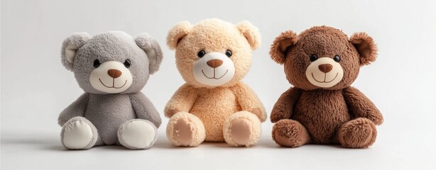 Plush toys sitting upright, soft fabric detail, clean white background