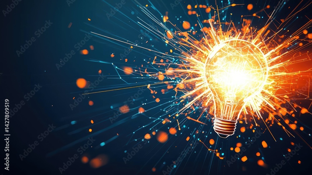 Poster explosion of lightbulb with creative invention impact concept. a glowing light bulb surrounded by vi